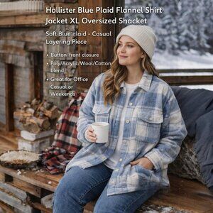 Hollister Blue Plaid Shacket Jacket Overshirt Button Front XL Cozy Cabin Casual